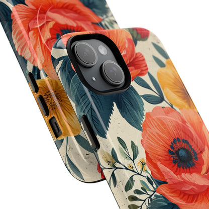 Vibrant Botanical Poppies - Tough + MagSafe® iPhone 15 Phone Case