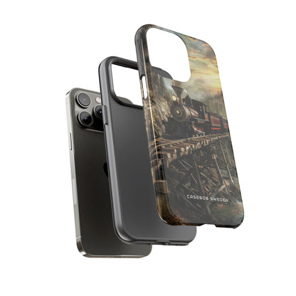 Vintage Steam Train Crossing Mountain Bridge iPhone 14 - Tough Phone Case