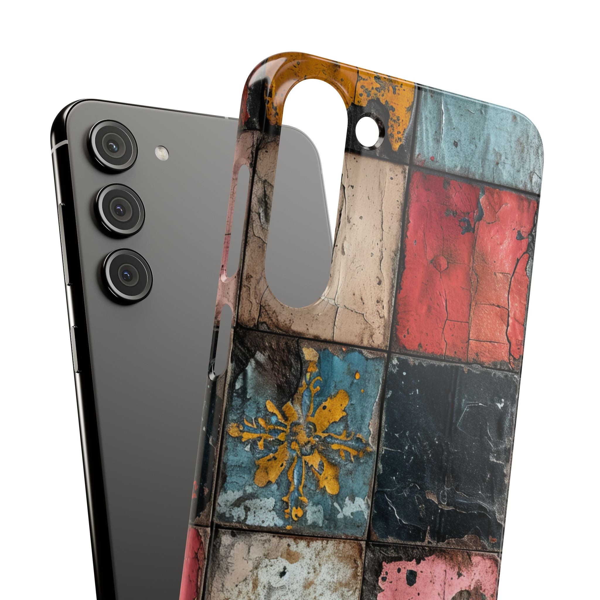 Rustic Red-Yellow Vintage Tiles - Slim Samsung S23 Phone Case