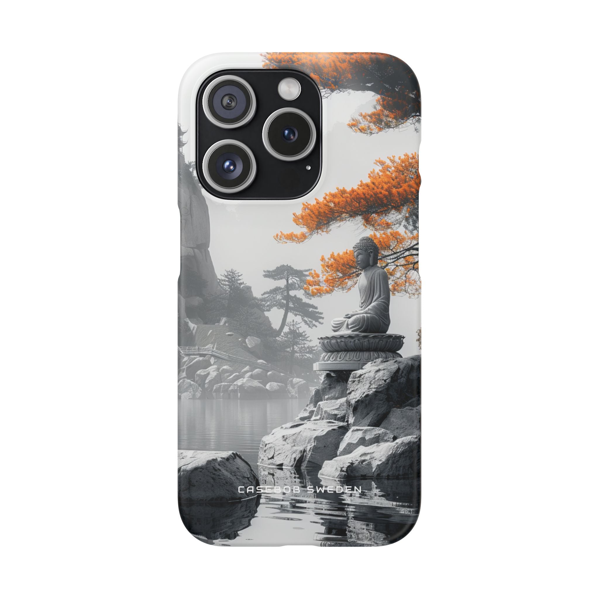 Zen Serenity: Tranquil Landscape with Buddha and Pagoda iPhone 15 - Slim Phone Case