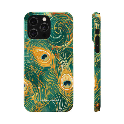 Peacock Elegance in Teal and Gold iPhone 14 - Slim Phone Case