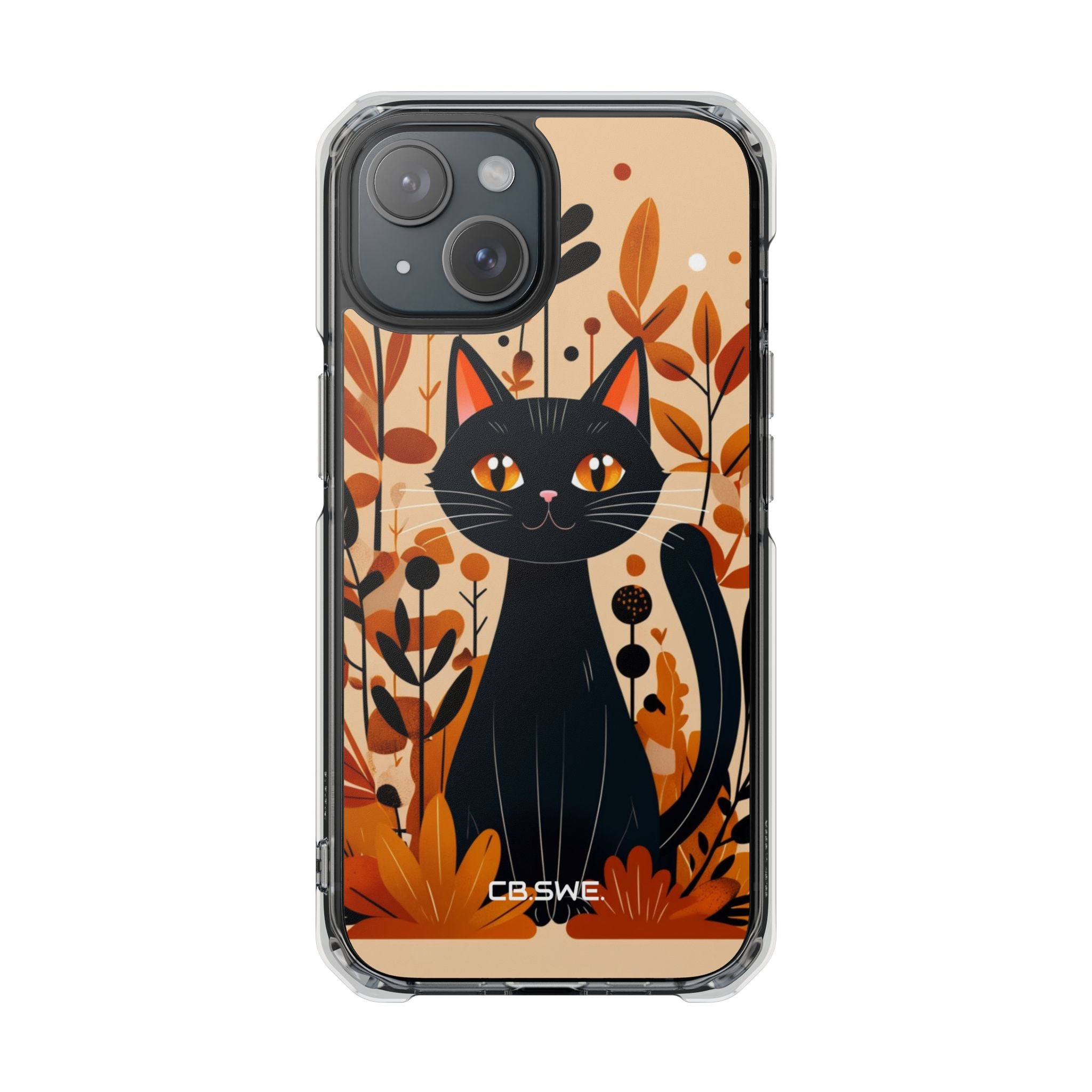 Whimsical Cartoon Black Cat Surrounded by Stylized Plants Mobile Wallpaper iPhone 15 - Impact Clear+