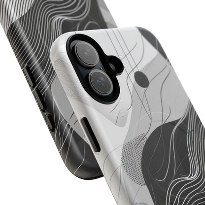 Fluid Rhythms: Monochrome Line Flow iPhone 16 | Tough+ Phone Case