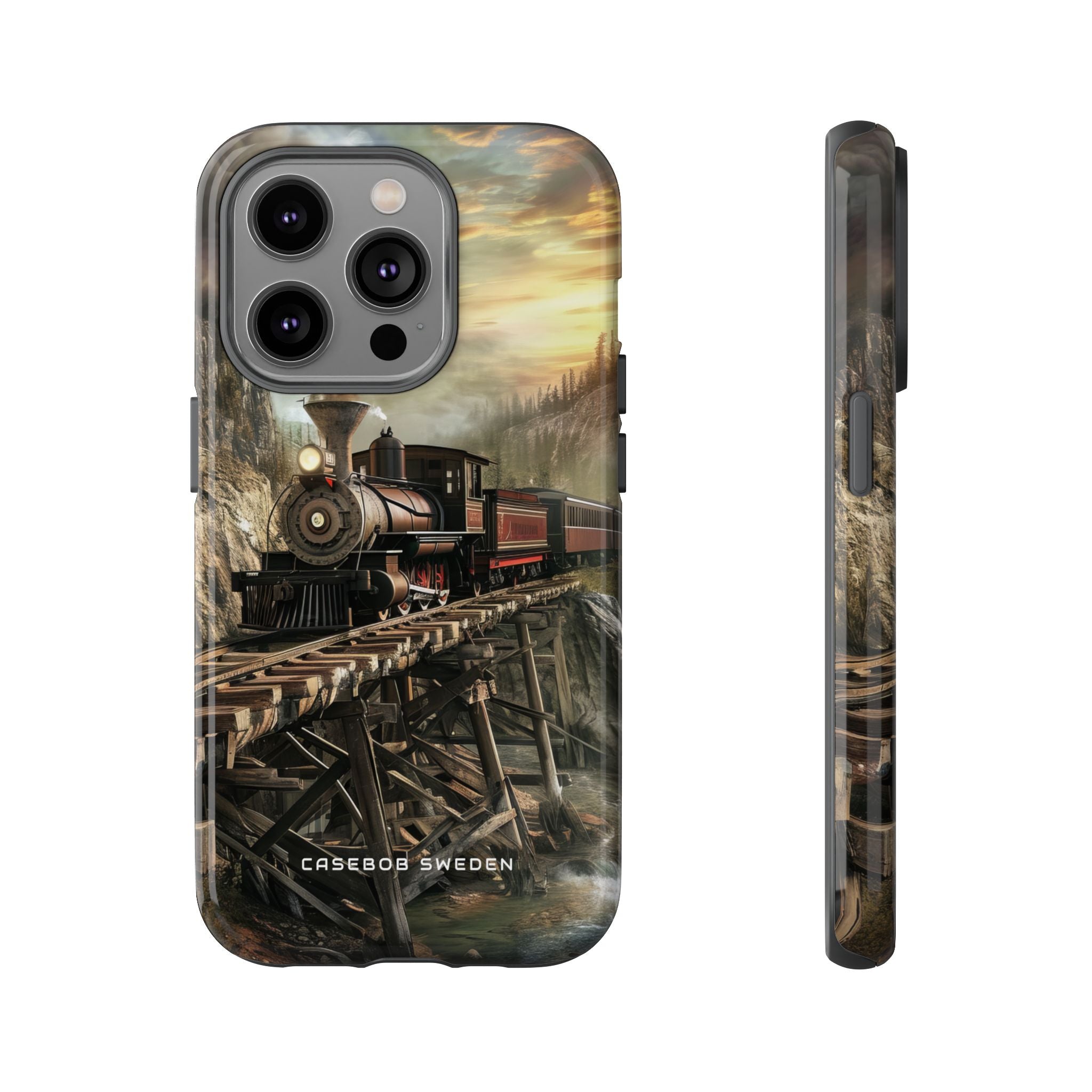 Vintage Steam Train Crossing Mountain Bridge iPhone 14 - Tough Phone Case