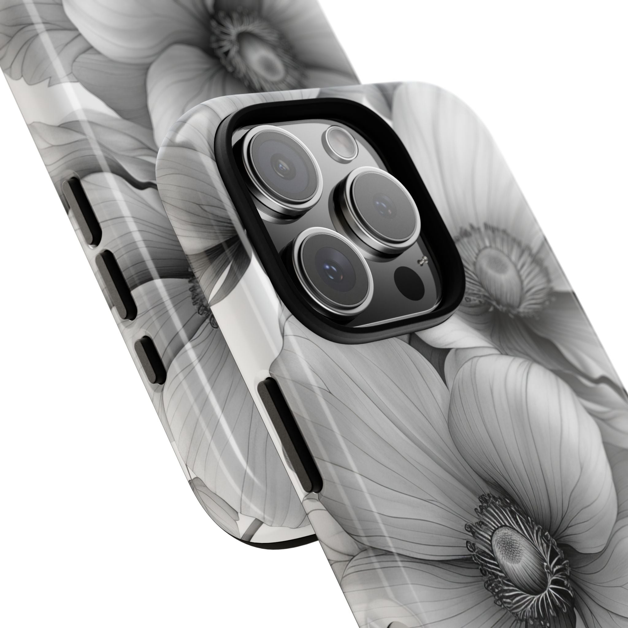 Grayscale Floral Harmony iPhone 16 - Tough