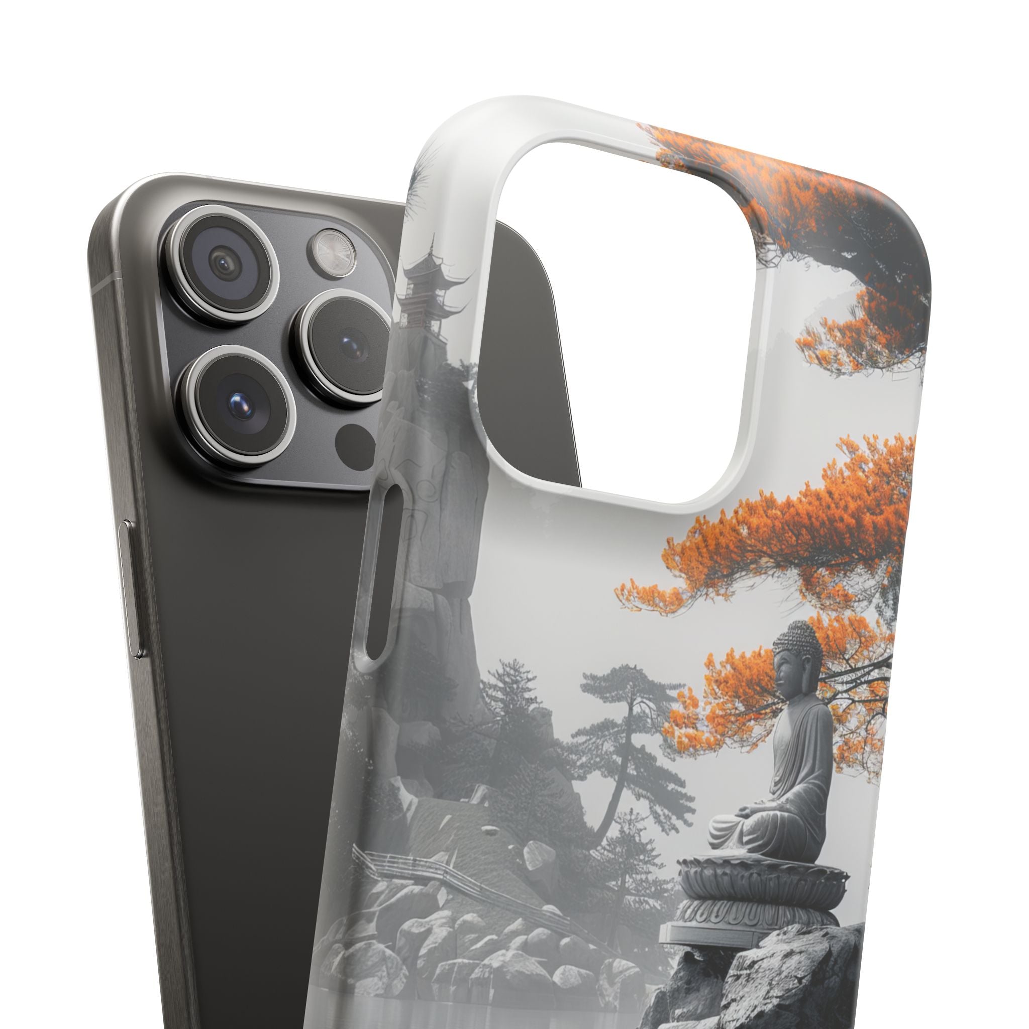 Zen Serenity: Tranquil Landscape with Buddha and Pagoda iPhone 15 - Slim Phone Case