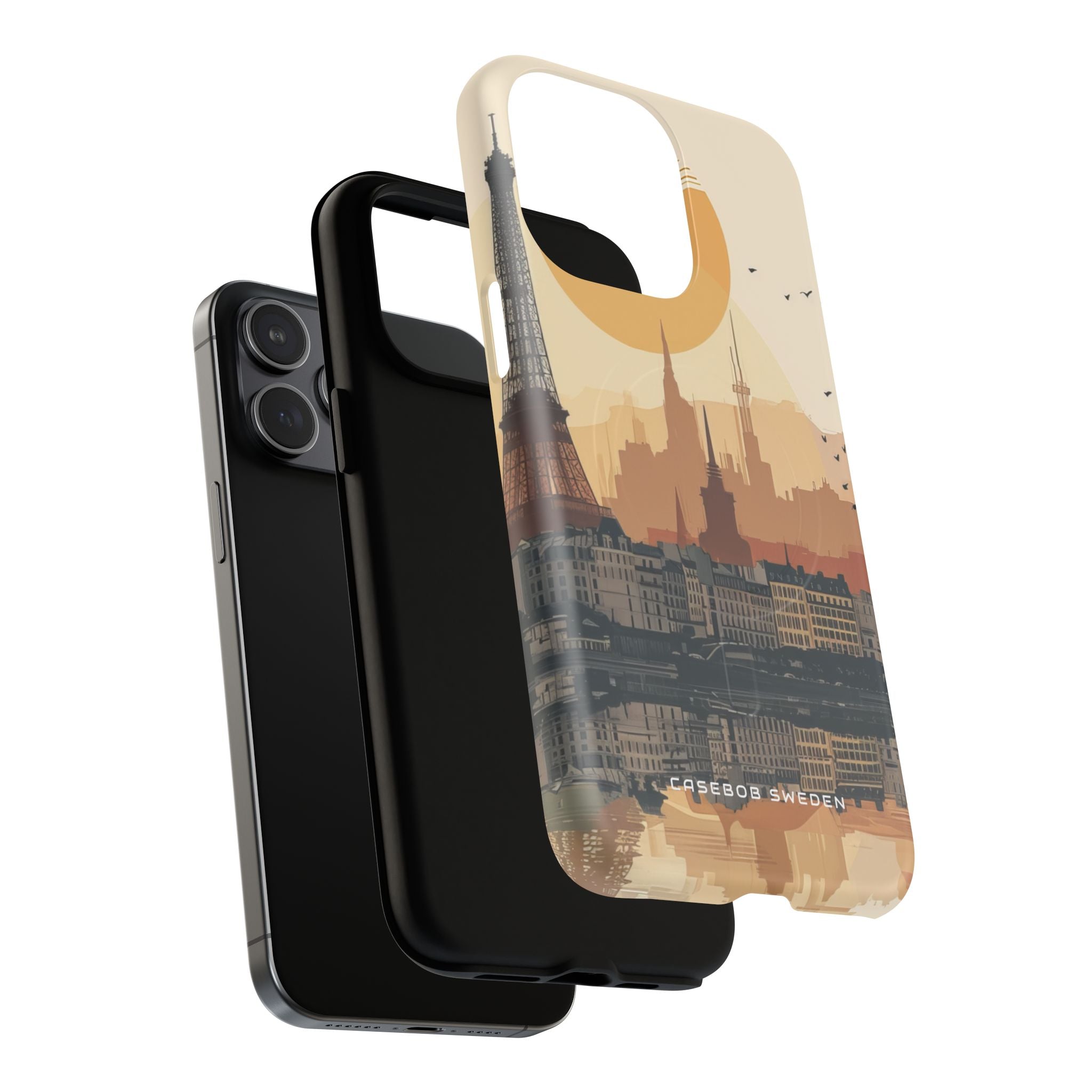 Eiffel Tower Silhouette with Birds and Sun Reflection iPhone 15 | Tough+ Phone Case