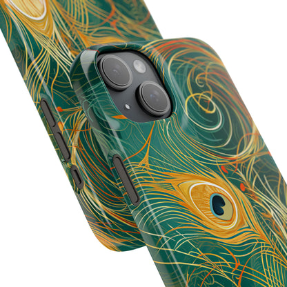 Peacock Elegance in Teal and Gold iPhone 15 - Slim Phone Case