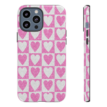 Glitter Heart Grid iPhone 13 Pro Max Case - Tough