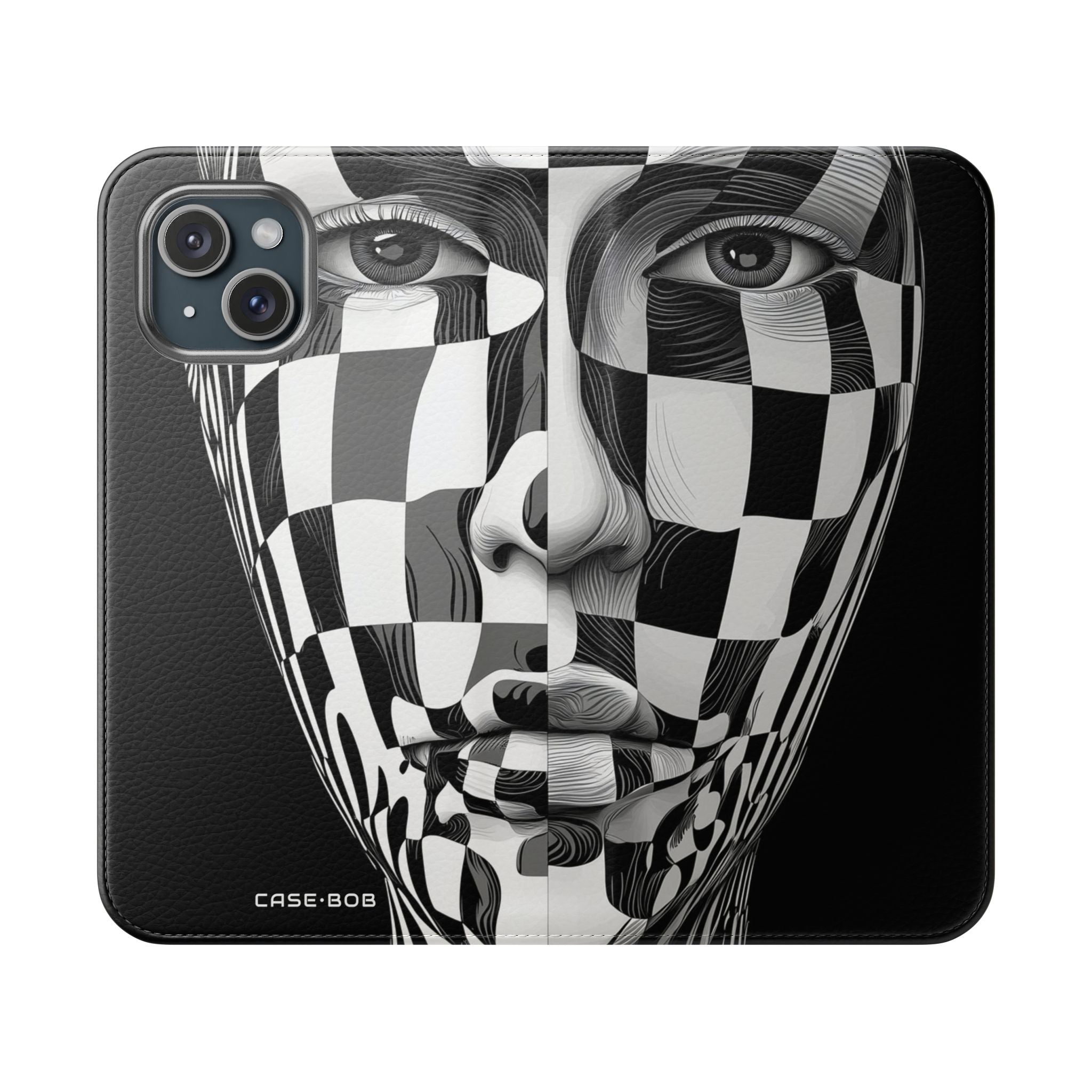 Mirrored Checkerboard Face - iPhone 15 Case - Wallet