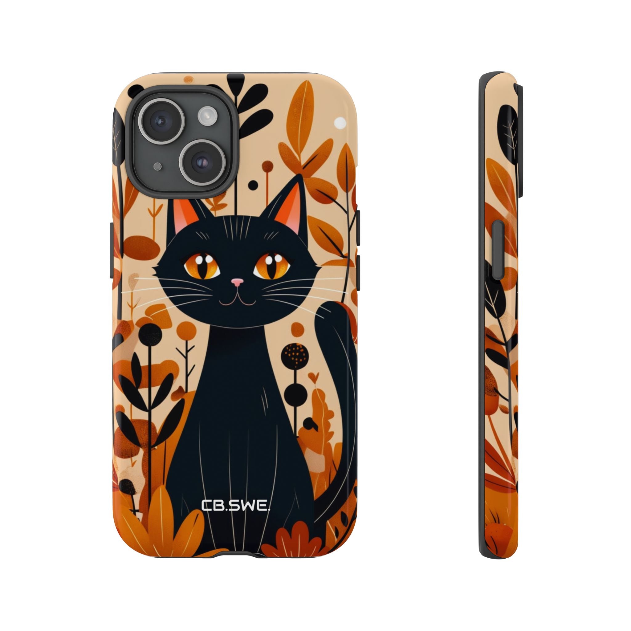 Whimsical Cartoon Black Cat Surrounded by Stylized Plants Mobile Wallpaper iPhone 15 - Tough