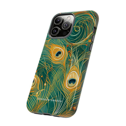 Peacock Elegance in Teal and Gold iPhone 14 - Tough Phone Case