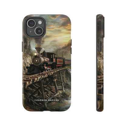 Vintage Steam Train Crossing Mountain Bridge iPhone 15 - Tough Phone Case