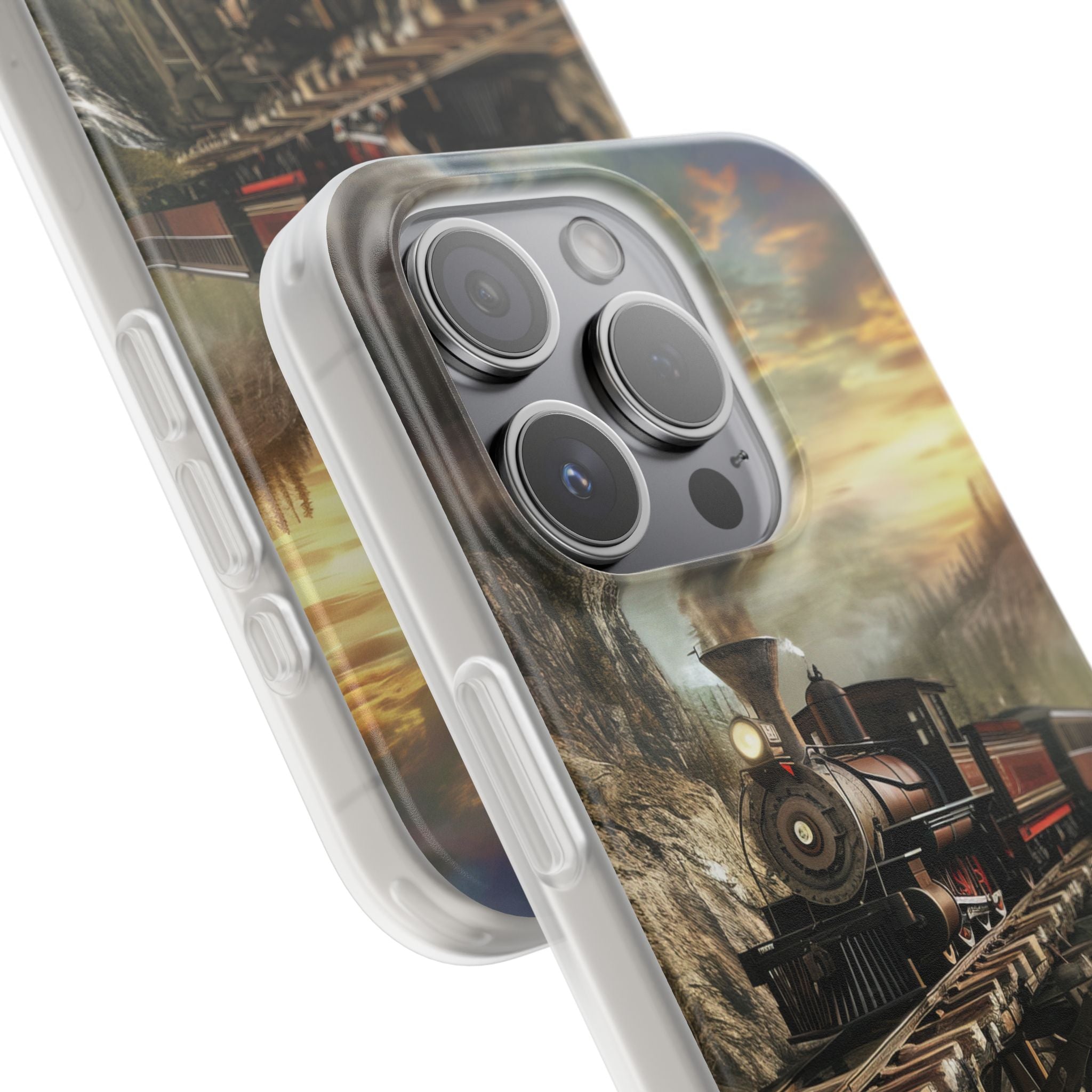 Vintage Steam Train Crossing Mountain Bridge iPhone 15 - Flexi Phone Case