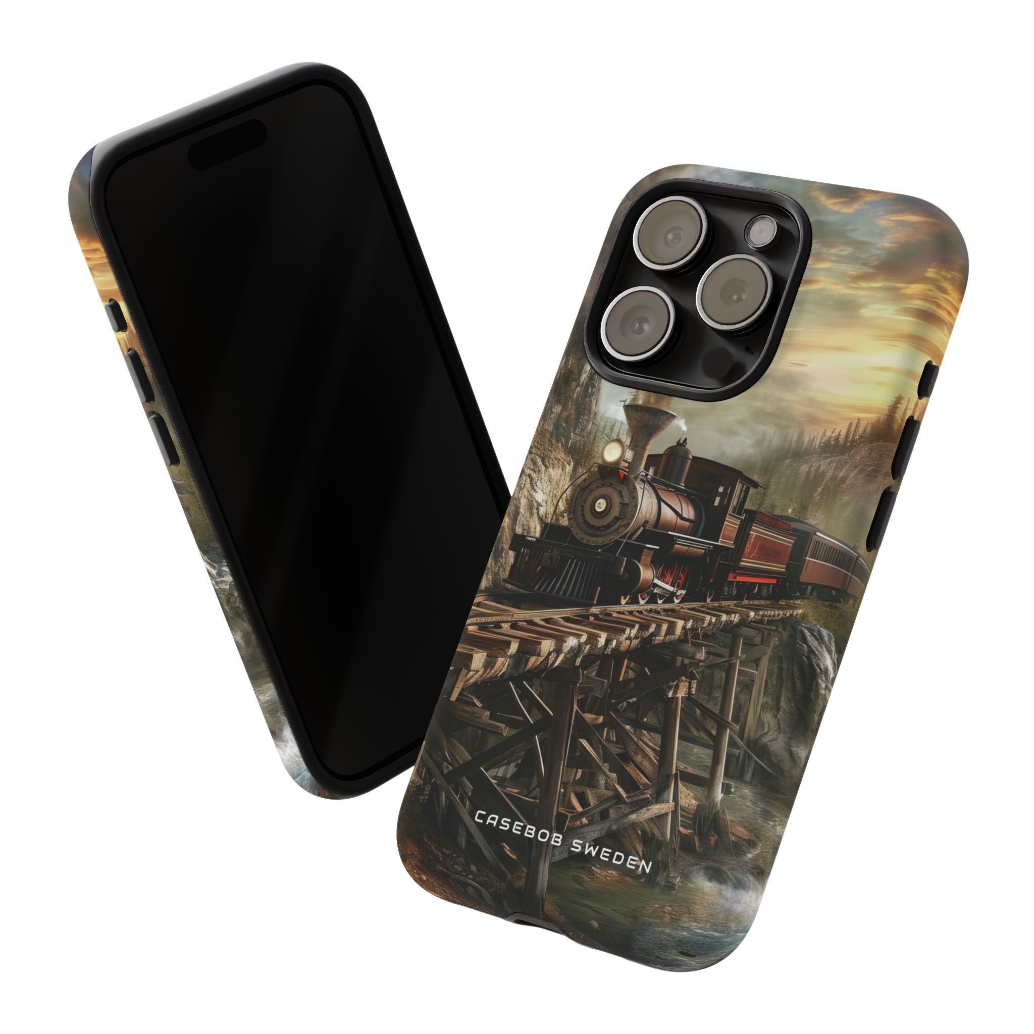 Vintage Steam Train Crossing Mountain Bridge iPhone 15 - Tough Phone Case