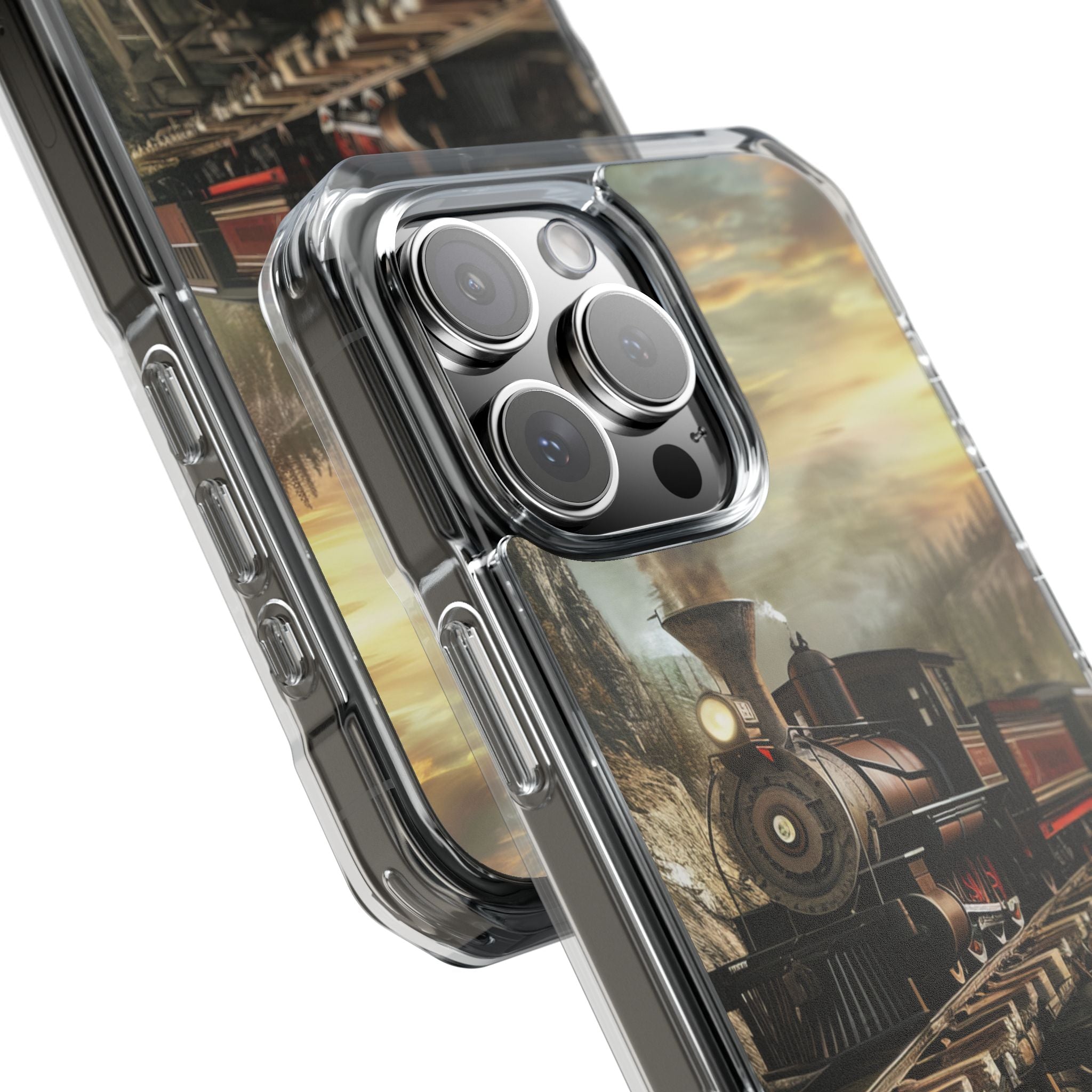 Vintage Steam Train Crossing Mountain Bridge iPhone 16 - Clear Impact Phone Case