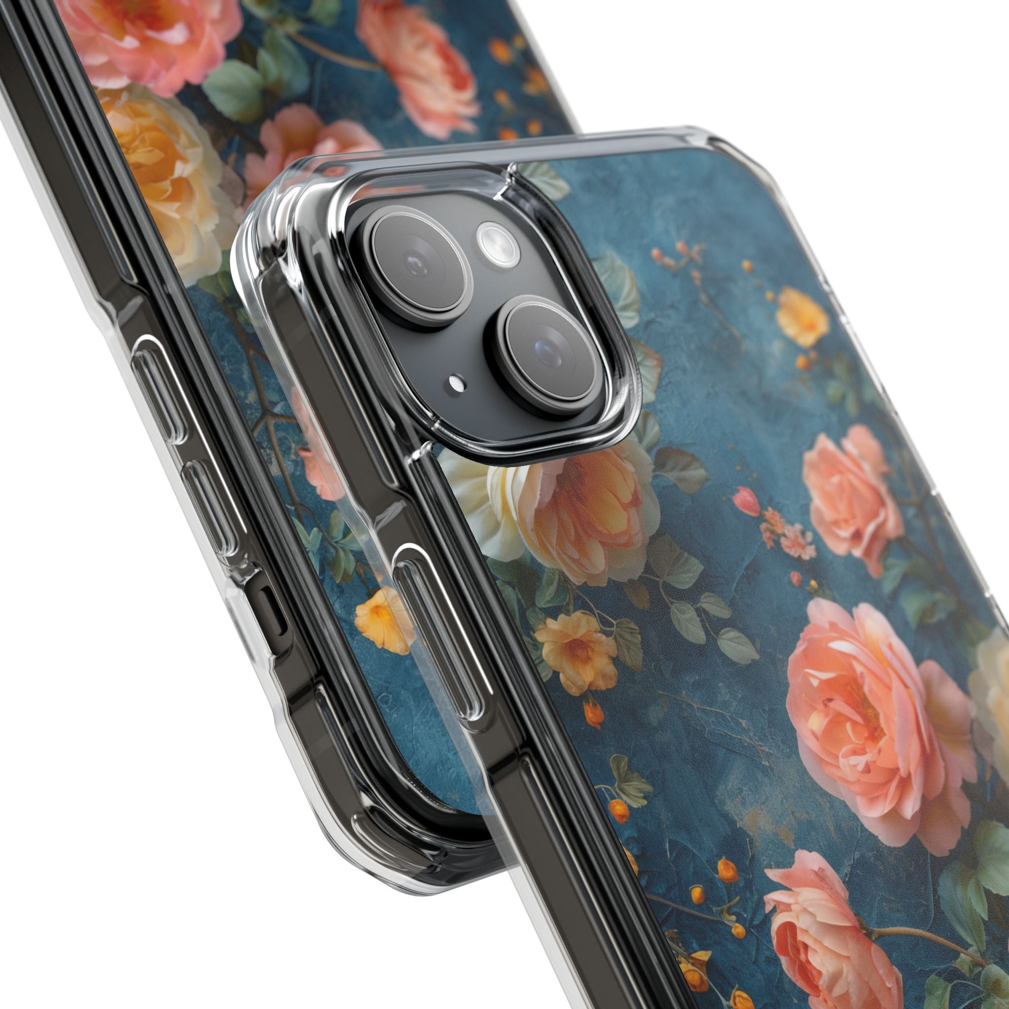 Blue Floral Elegance - Clear Impact iPhone 15 Phone Case