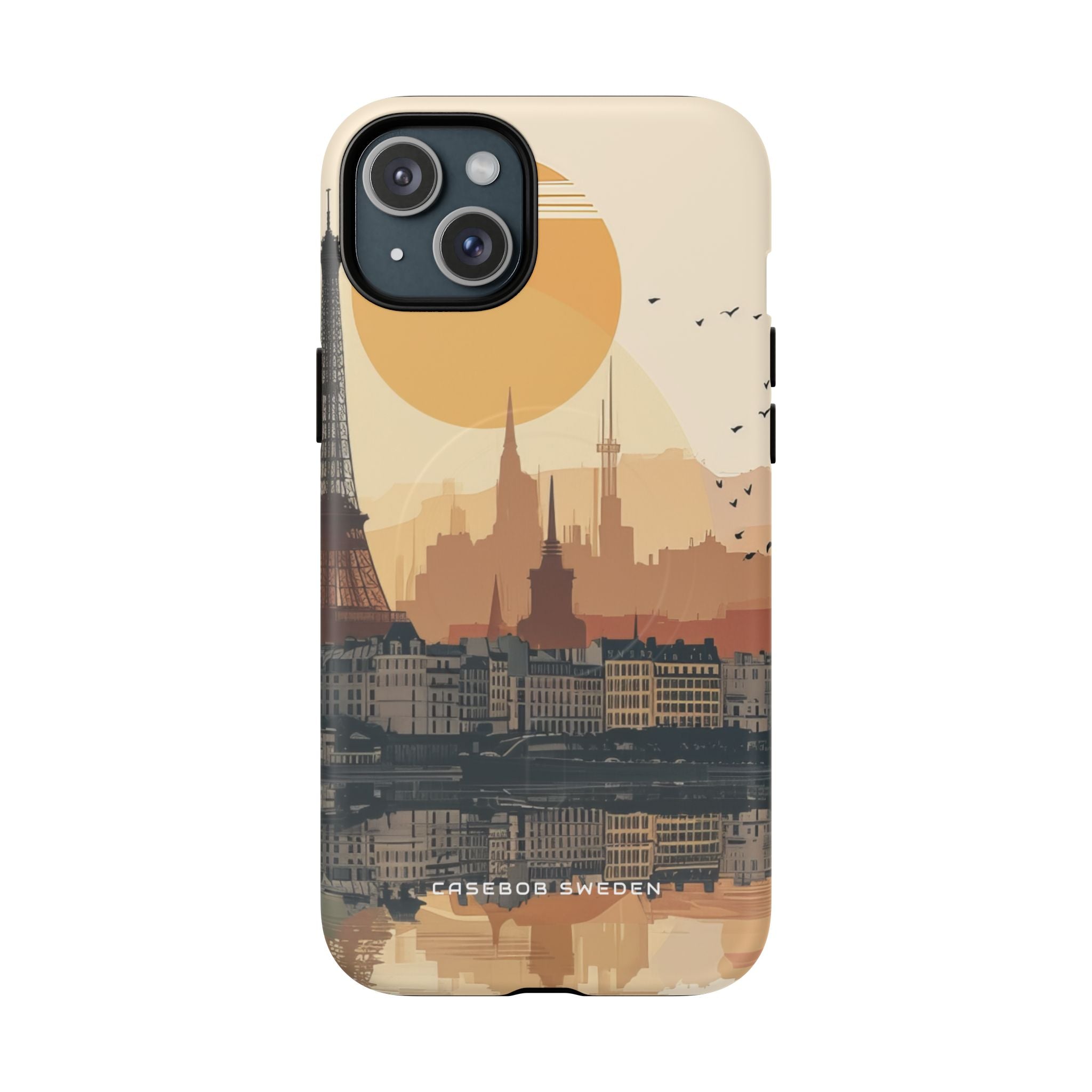 Eiffel Tower Silhouette with Birds and Sun Reflection iPhone 15 | Tough+ Phone Case