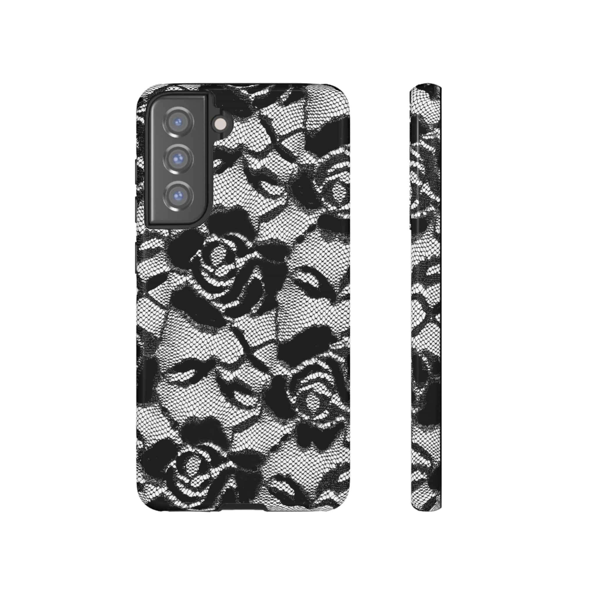 CASEBOB Phone Case Samsung Galaxy S21 FE / Glossy Black Rose Lace Gothic Flower Samsung Case (Protective)