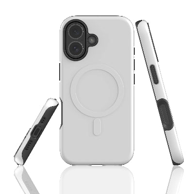 White phone case with black accents on a white background