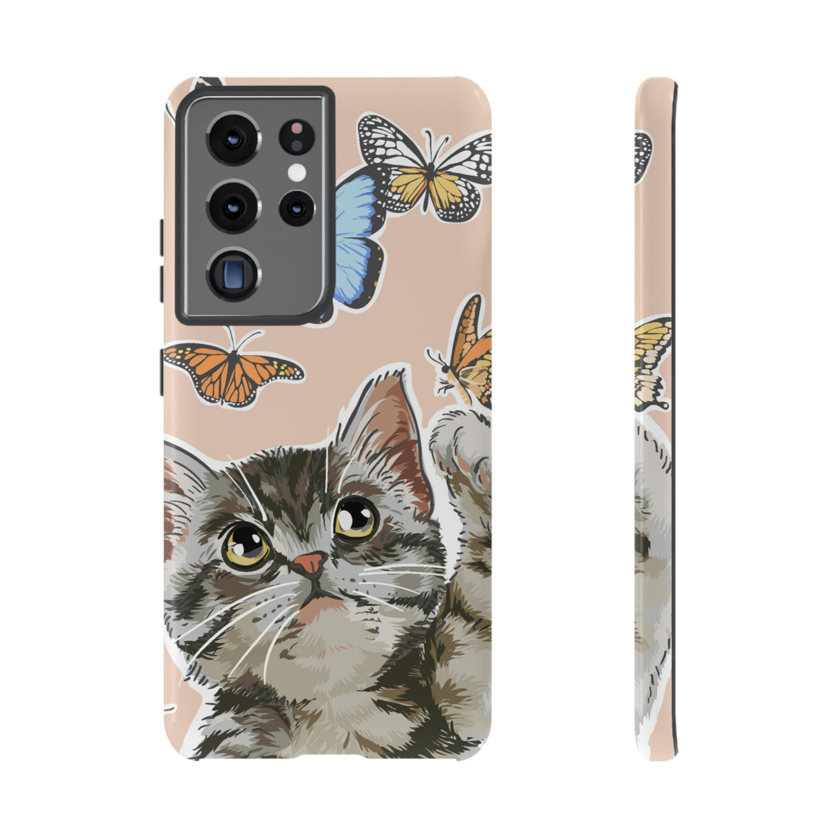 Cute Cat Butterflies Android Case (Protective) Samsung Galaxy S21 Ultra Glossy Phone Case