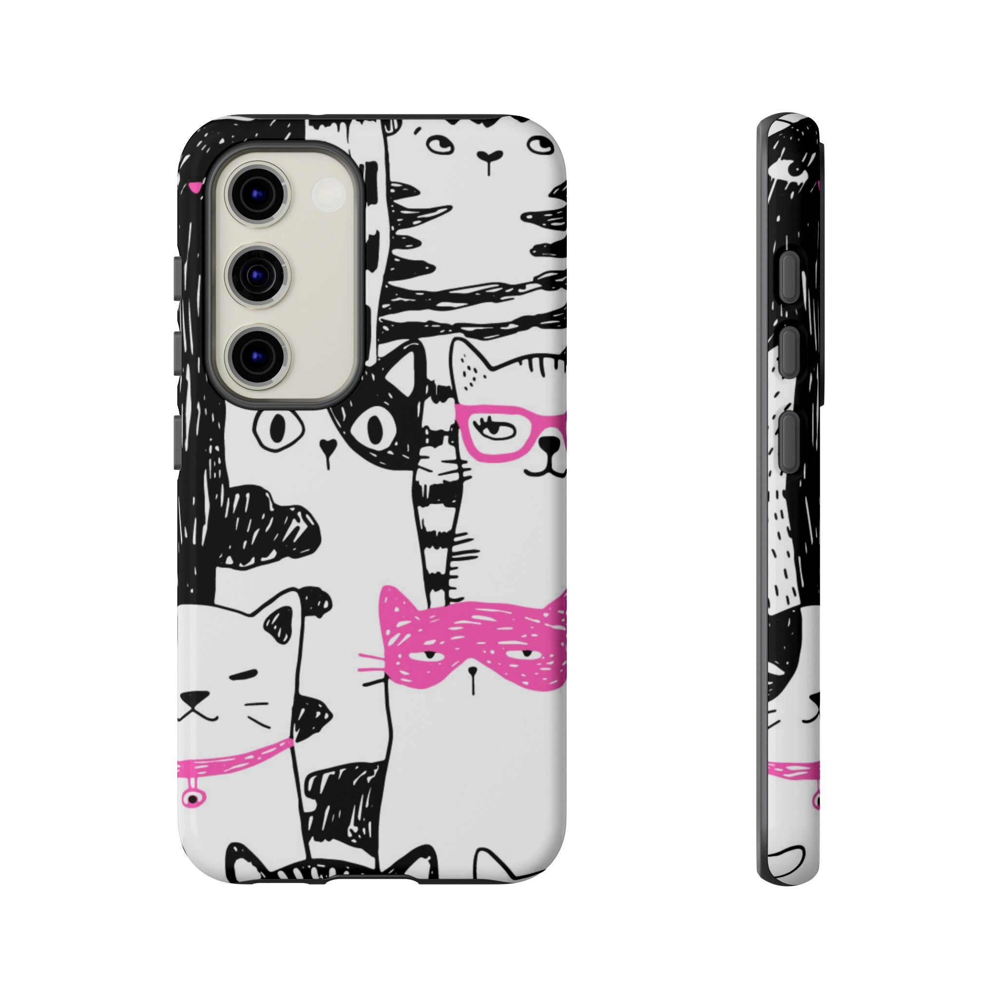 Black & Pink Cat Pattern Android Case (Protective) Samsung Galaxy S23 Glossy Phone Case