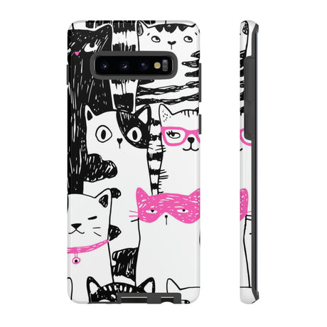 Black & Pink Cat Pattern Android Case (Protective) Samsung Galaxy S10 Plus Glossy Phone Case