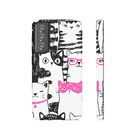 Black & Pink Cat Pattern Android Case (Protective) Samsung Galaxy S21 FE Matte Phone Case