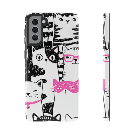 Black & Pink Cat Pattern Android Case (Protective) Samsung Galaxy S21 Plus Glossy Phone Case